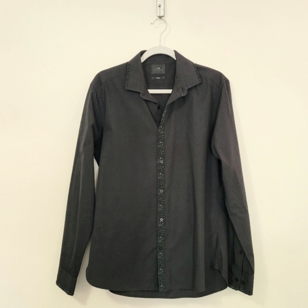 Mens UK Moss Bros London black longsleeve dress shirt button down slim fit
